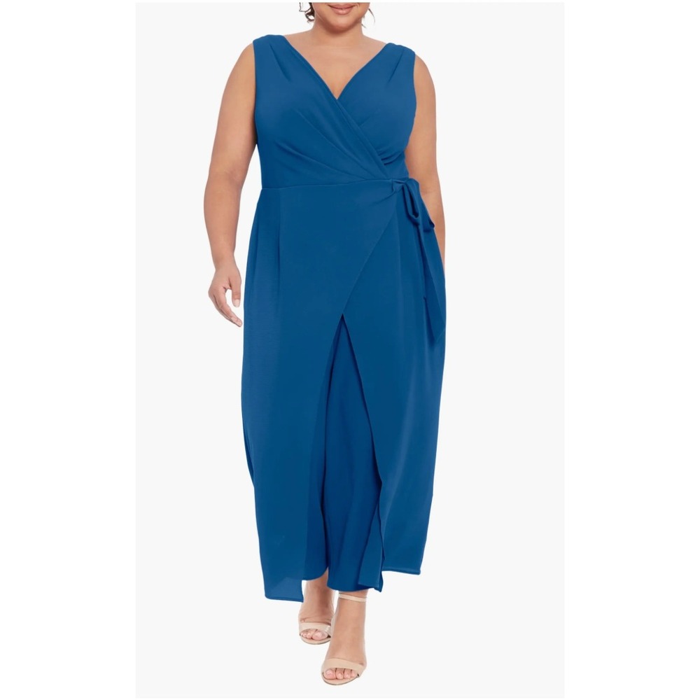 London Times Blue Sleeveless Faux Wrap Jumpsuit Tie Waist Wide Leg Size 22W